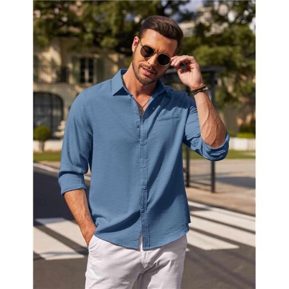 Men's Casual Long Sleeve Button Down Shirts Linen Dress Shirt Beach - Picture 3 of 6